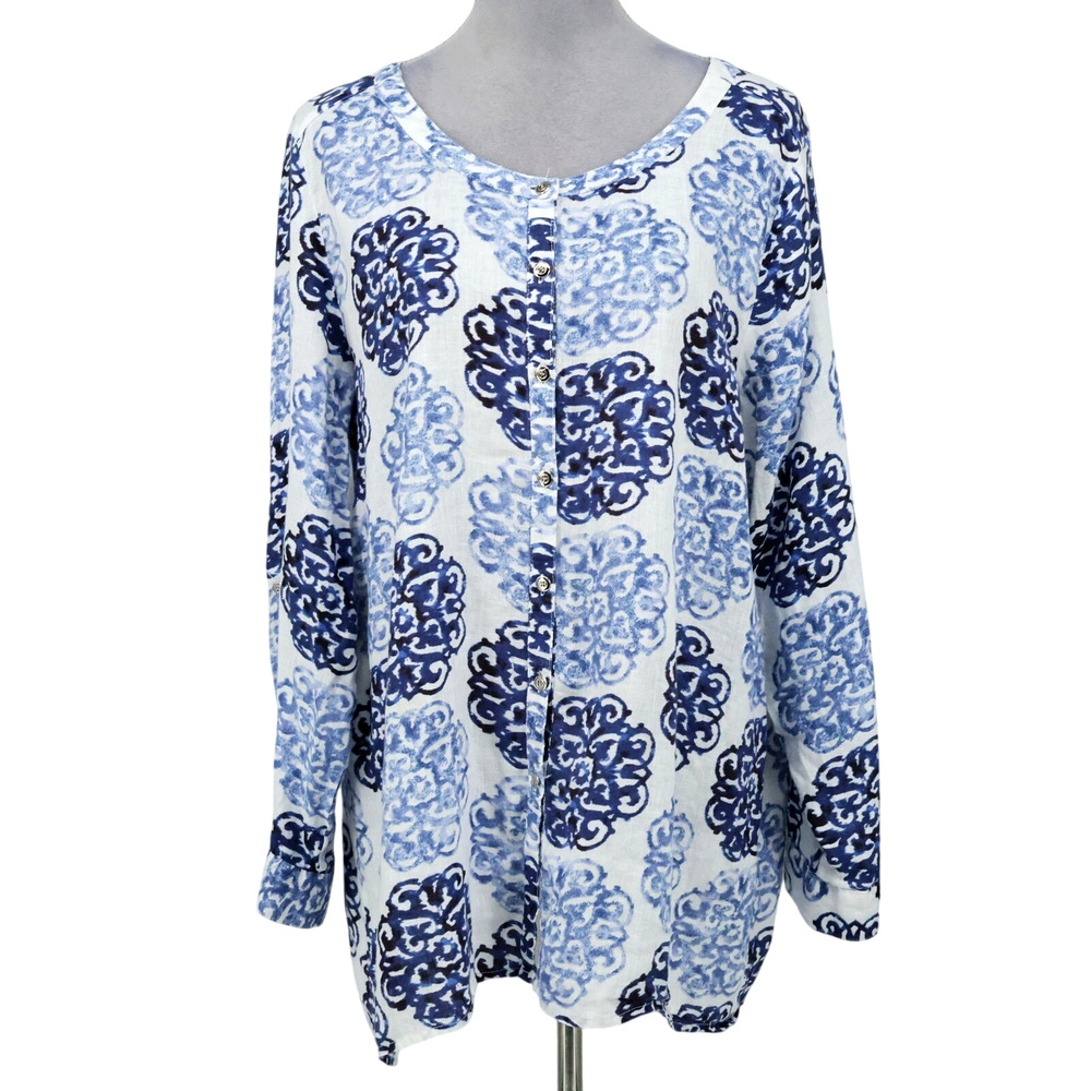 JM Collection Top Womens 18 Linen White Blue Print Blouse Roll Tab Sleeve Resort